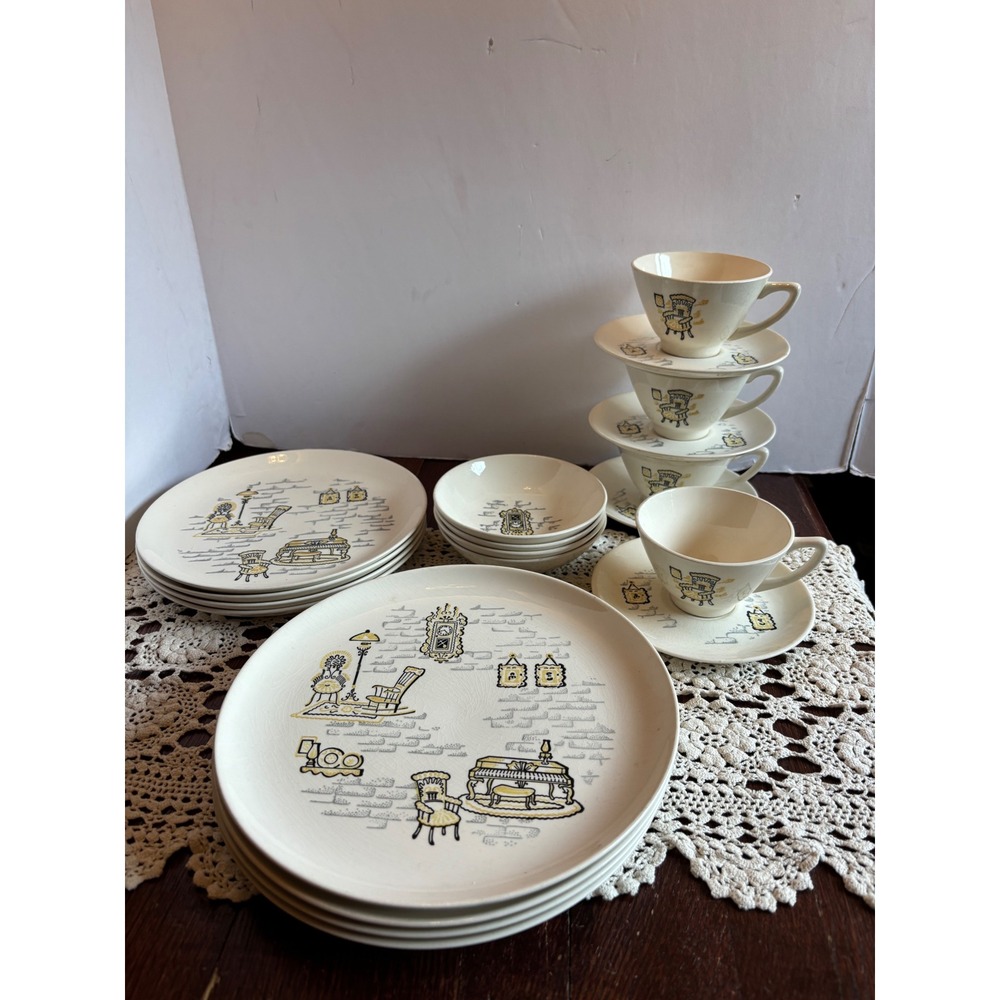 VTG 20pc Colonial Hand Decorated Dinnerware Set Made in‎ USA Mid Century 1950s